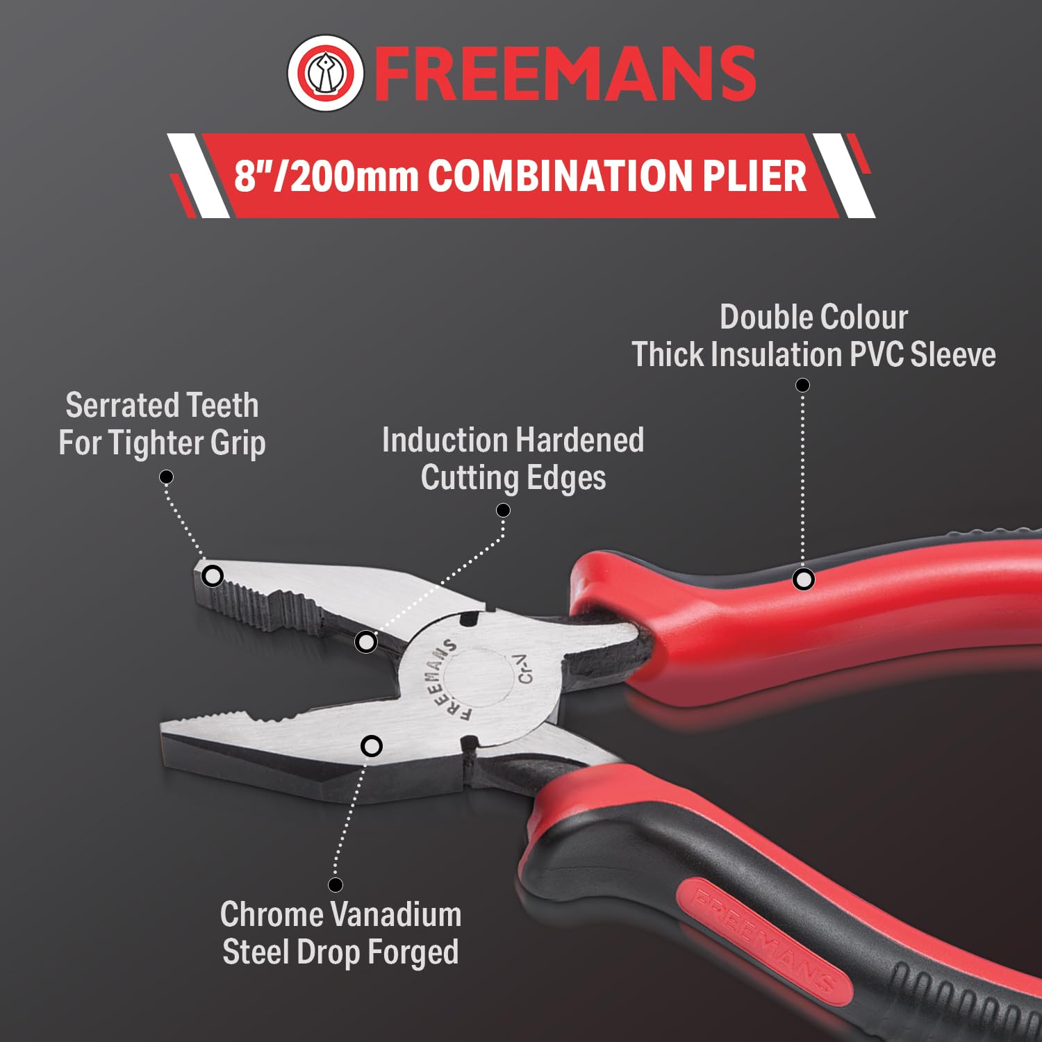 FREEMANS FCP08 Combination Plier with Cellulose Acetate Sleeve for Home DIY & Electrical Applications II Plier for Bending, Holding, Cutting & Pulling etc - 8 Inch